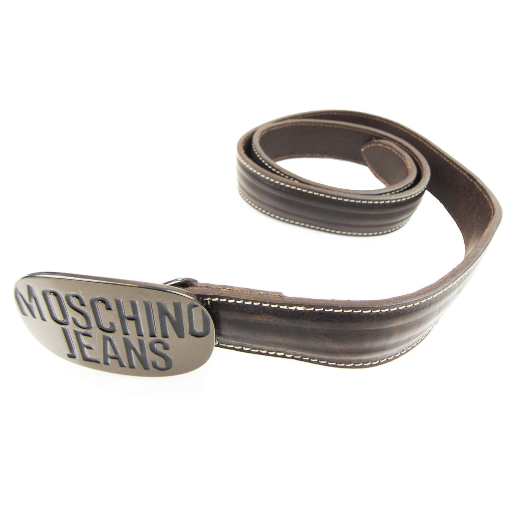Moschino Embossed Circle Logo Leather Belt Brown