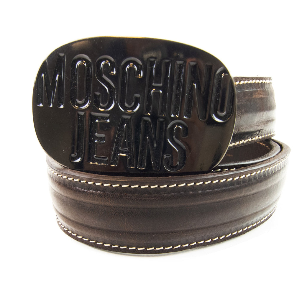 Moschino Embossed Circle Logo Leather Belt Brown