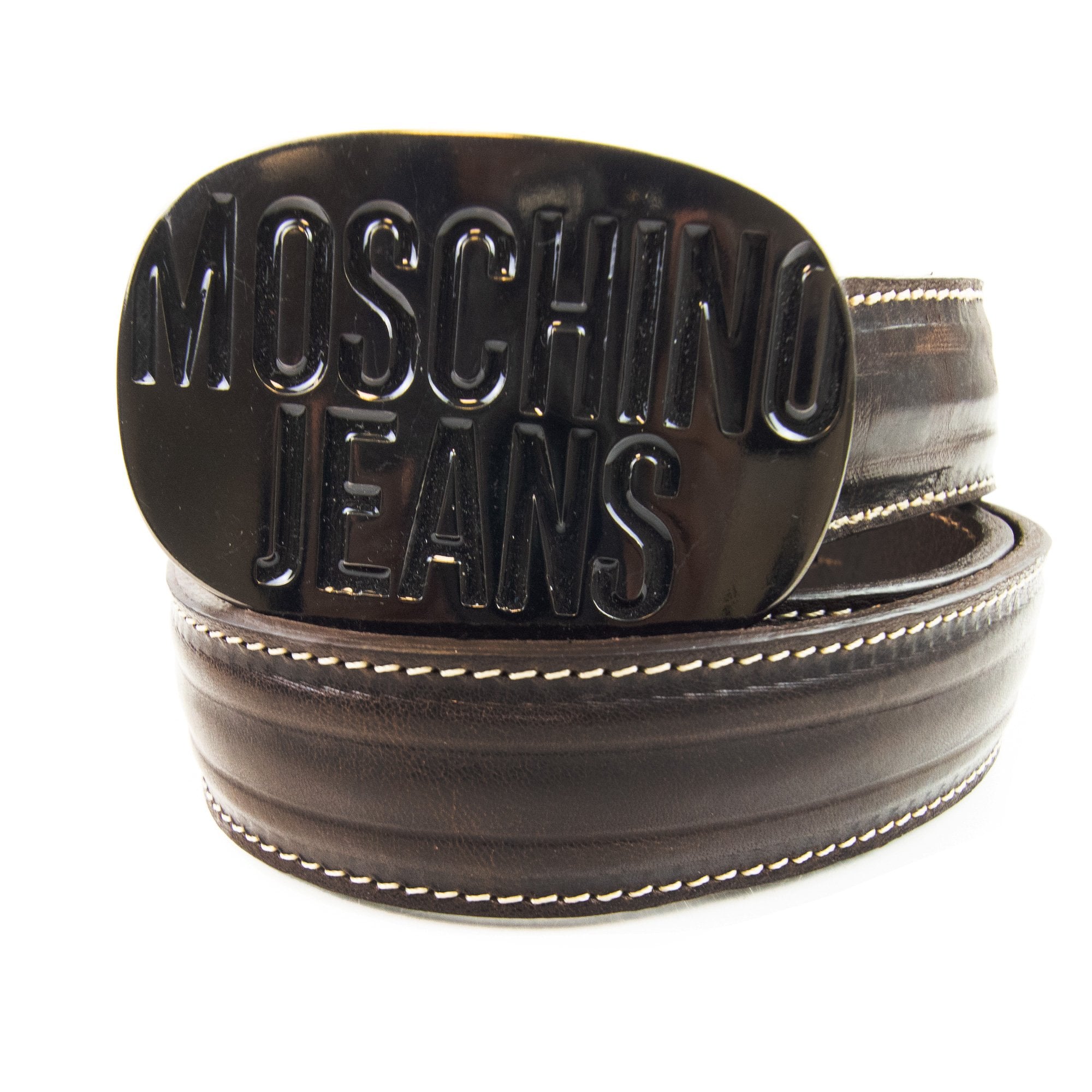 Moschino Embossed Circle Logo Leather Belt Brown