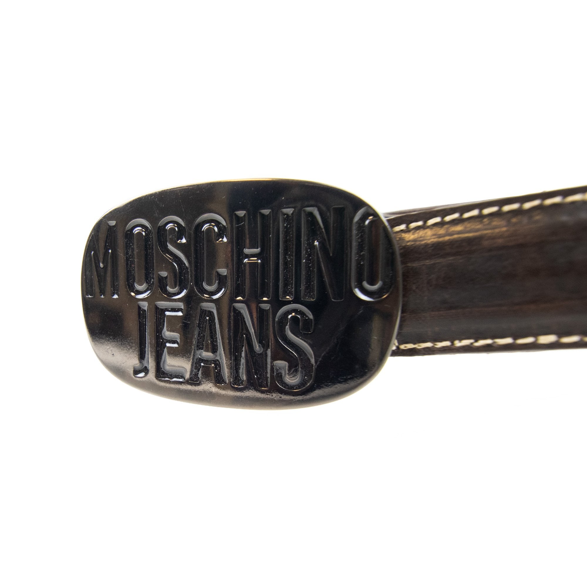 Moschino Embossed Circle Logo Leather Belt Brown