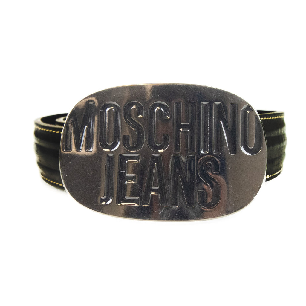 Moschino Embossed Circle Logo Leather Belt Black