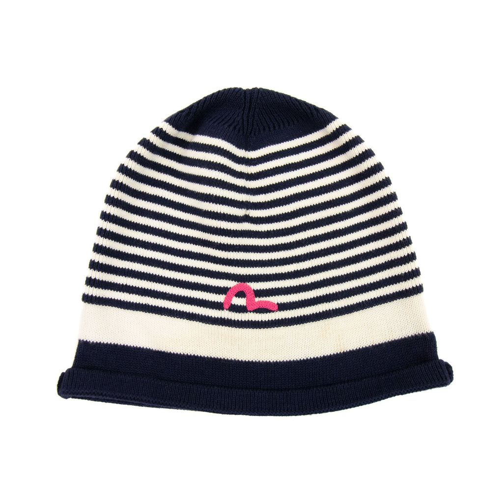 Evisu Donna Knitted Stripy Beanie Hat Navy/white