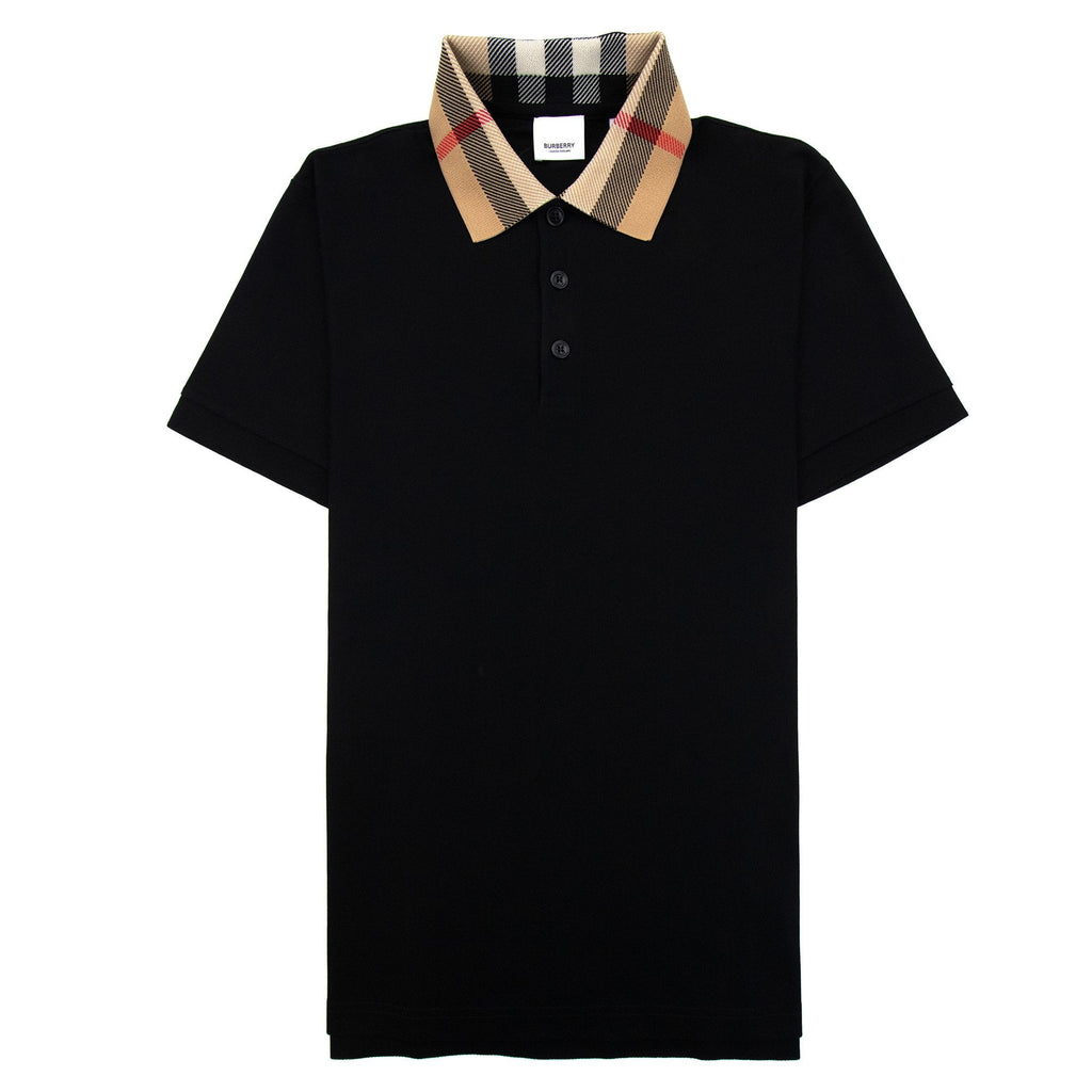 Burberry Check Collar Cotton Polo Shirt Black