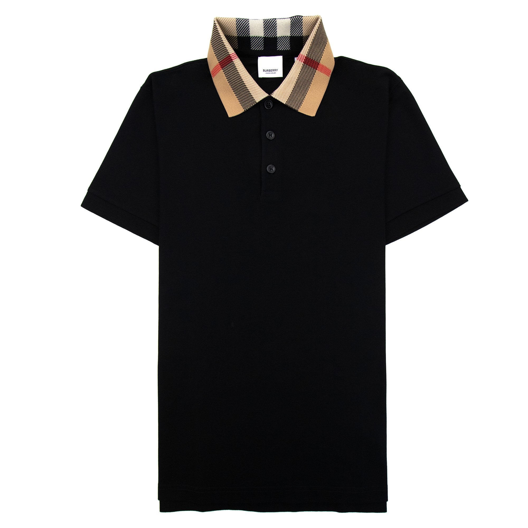 Burberry Check Collar Cotton Polo Shirt Black