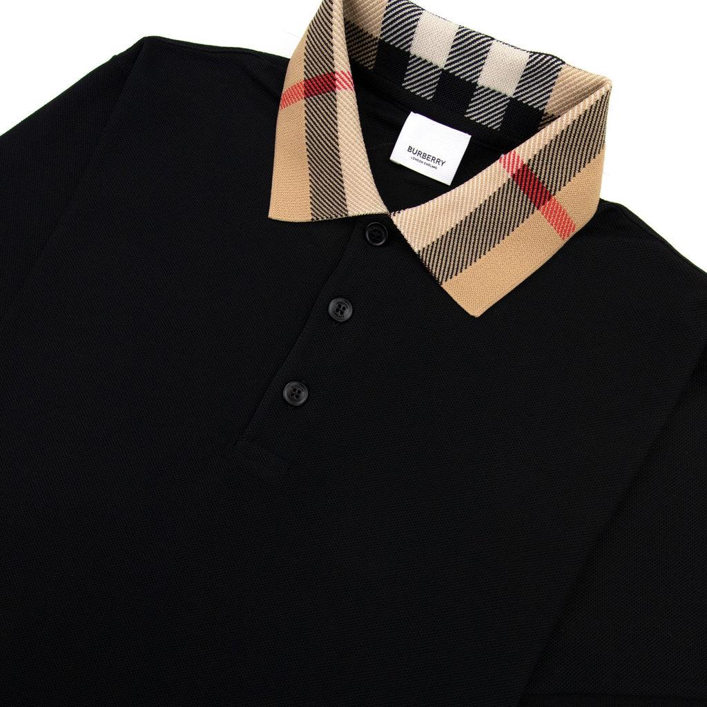 Burberry Check Collar Cotton Polo Shirt Black