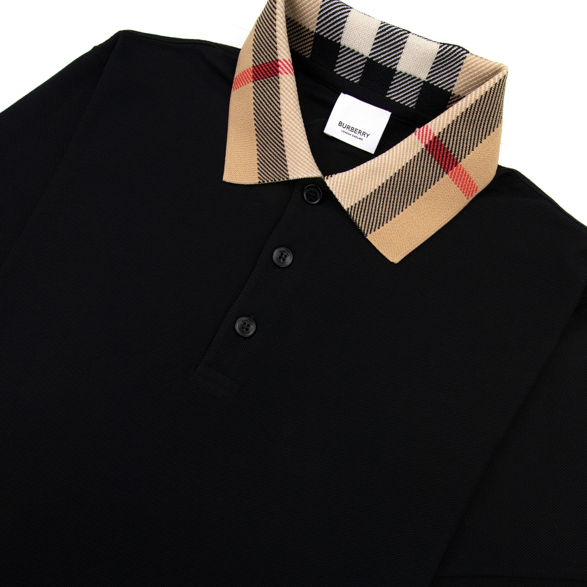 Burberry Check Collar Cotton Polo Shirt Black