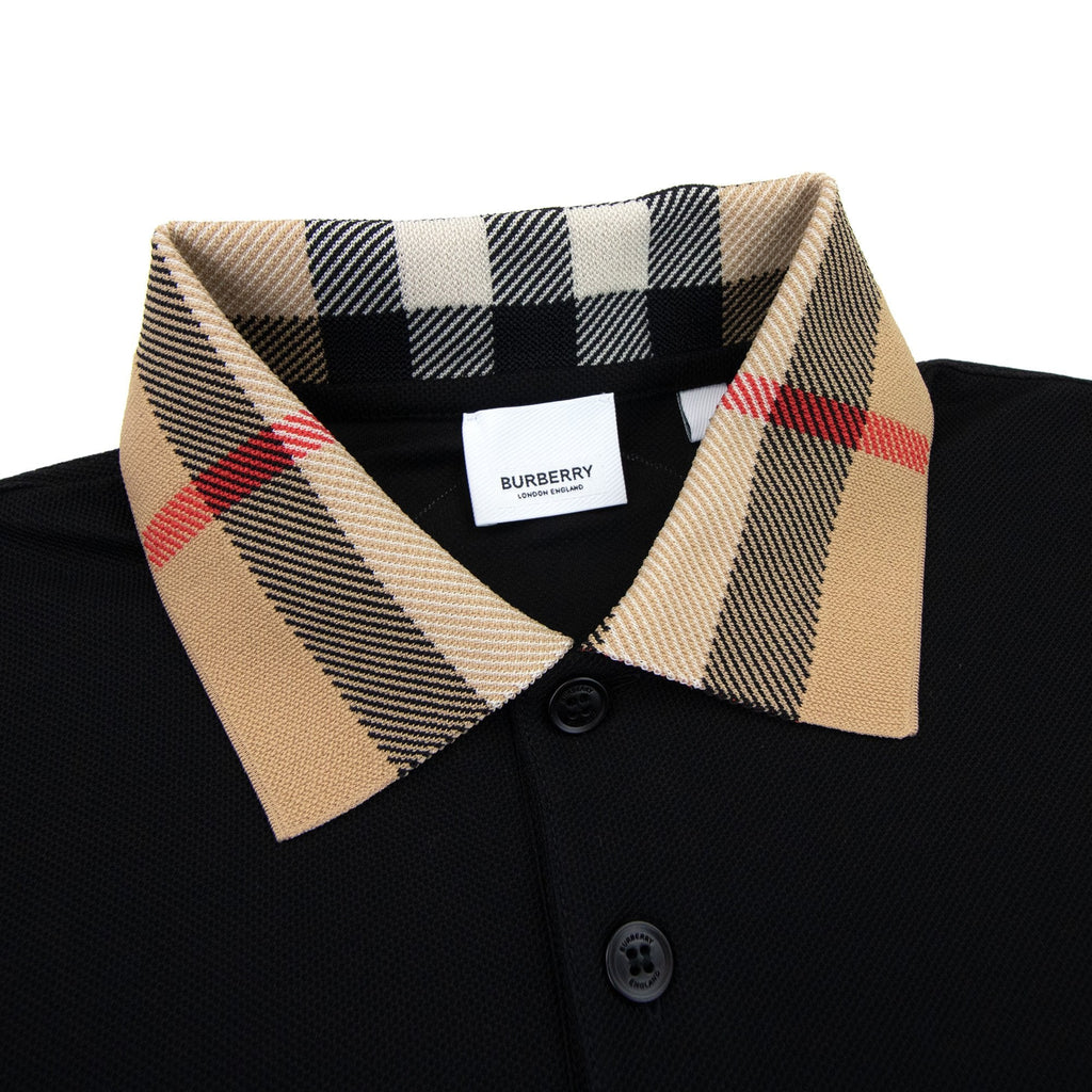Burberry Check Collar Cotton Polo Shirt Black