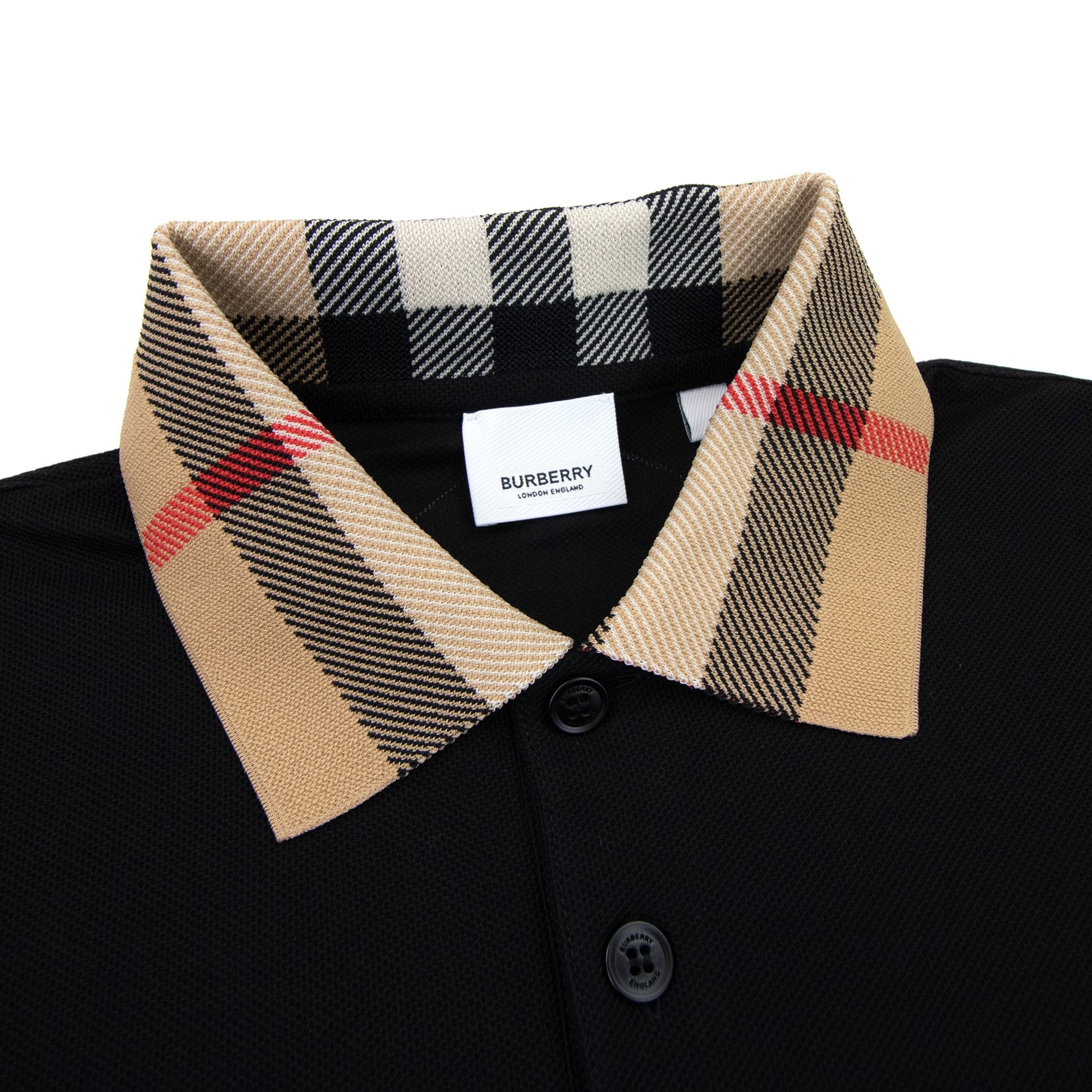 Burberry Check Collar Cotton Polo Shirt Black