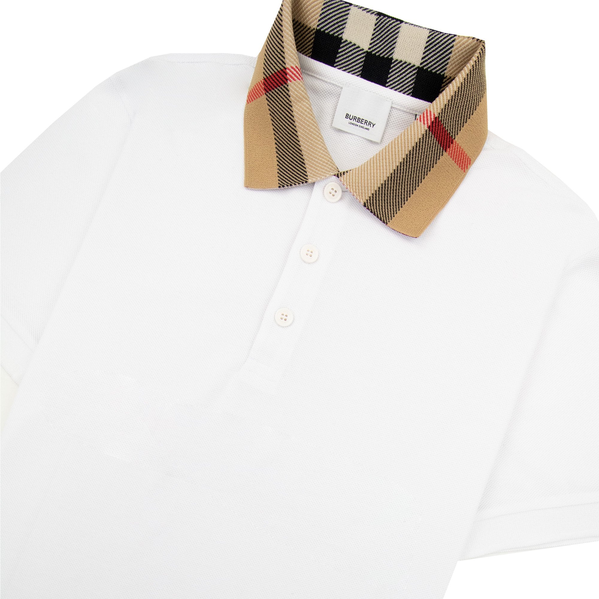 Burberry Check Collar Cotton Polo Shirt White