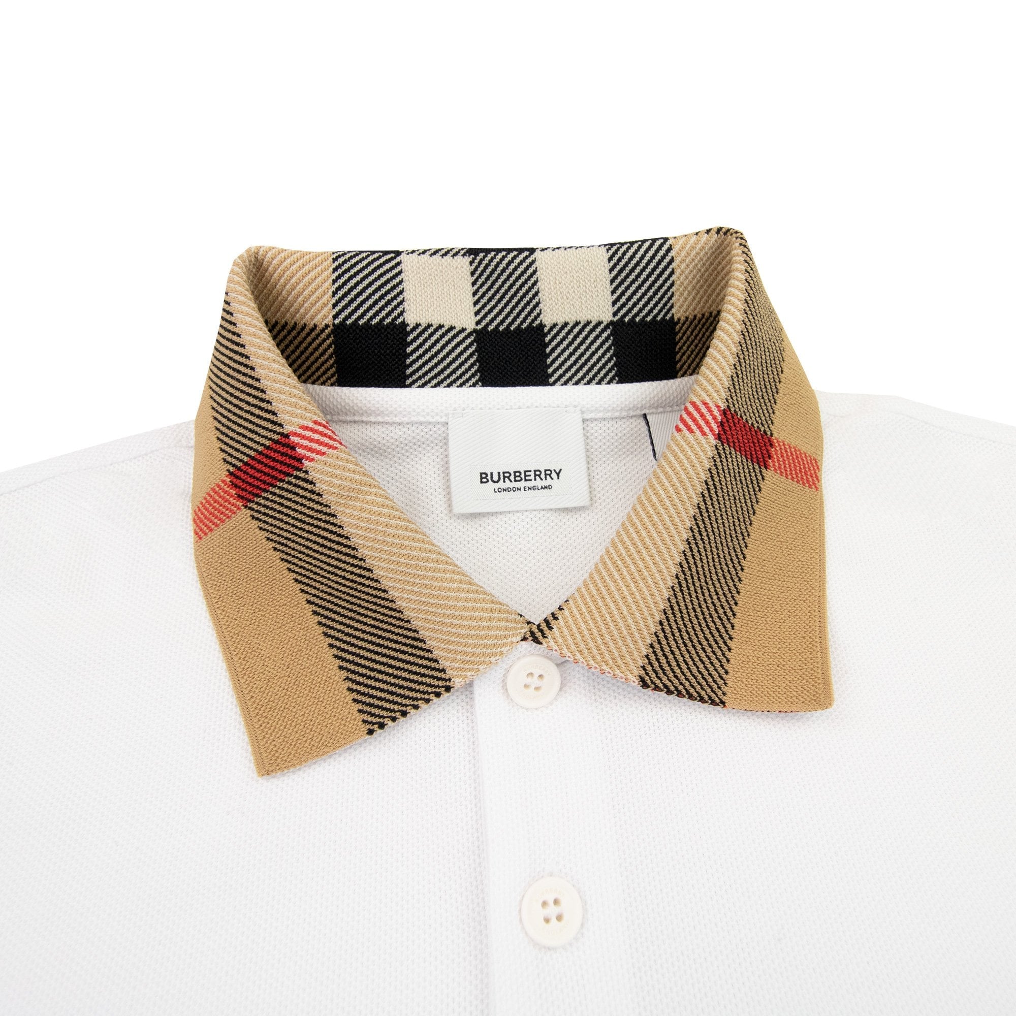 Burberry Check Collar Cotton Polo Shirt White