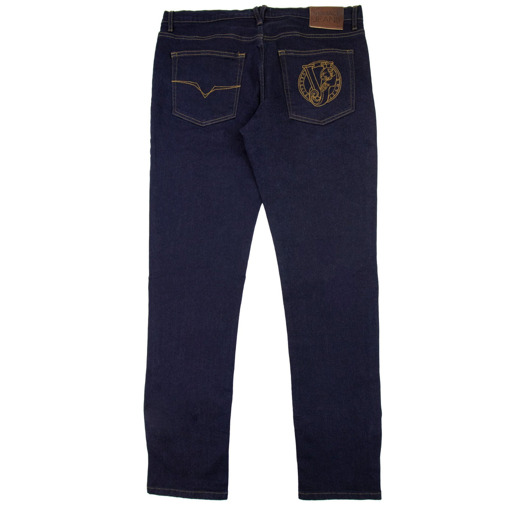 Versace Jeans Gold Embroidred Logo Denim Jeans Dark Denim