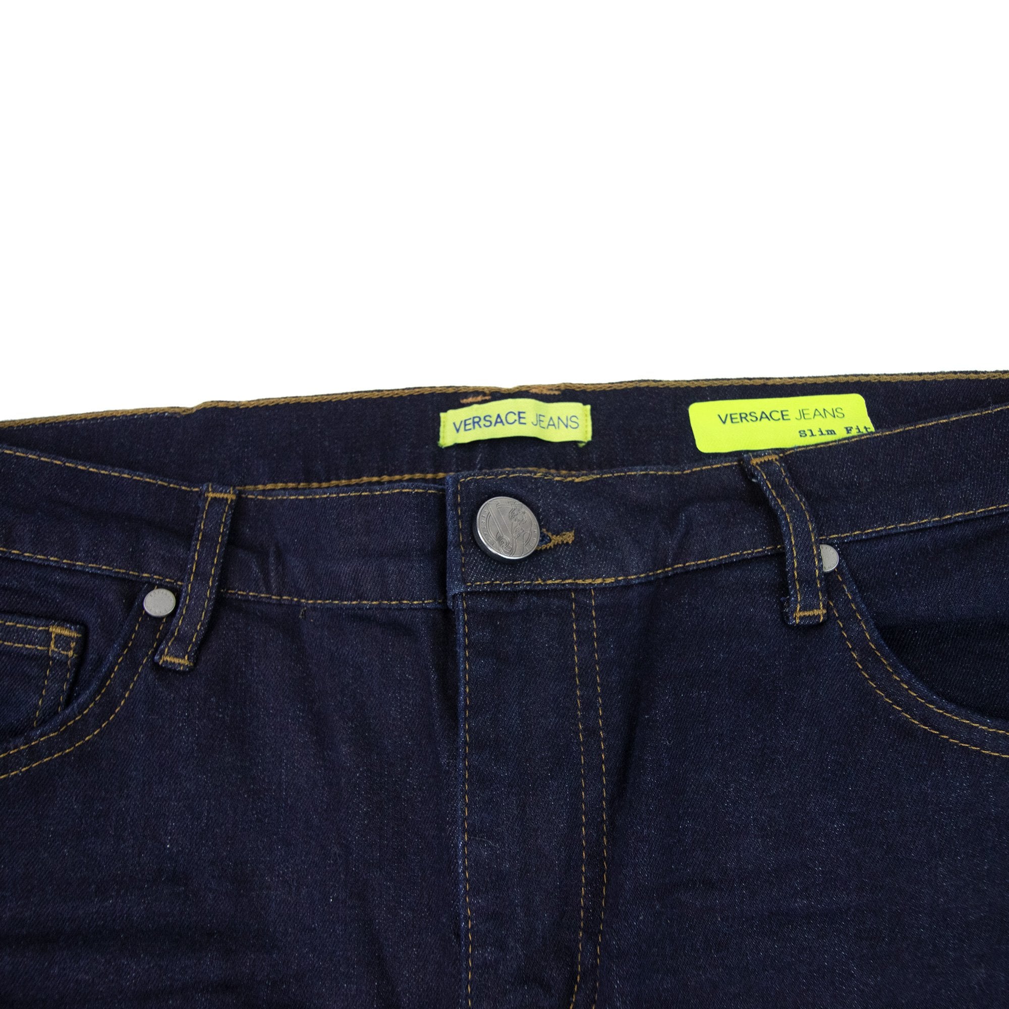 Versace Jeans Gold Embroidred Logo Denim Jeans Dark Denim