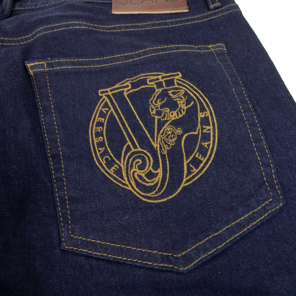 Versace Jeans Gold Embroidred Logo Denim Jeans Dark Denim