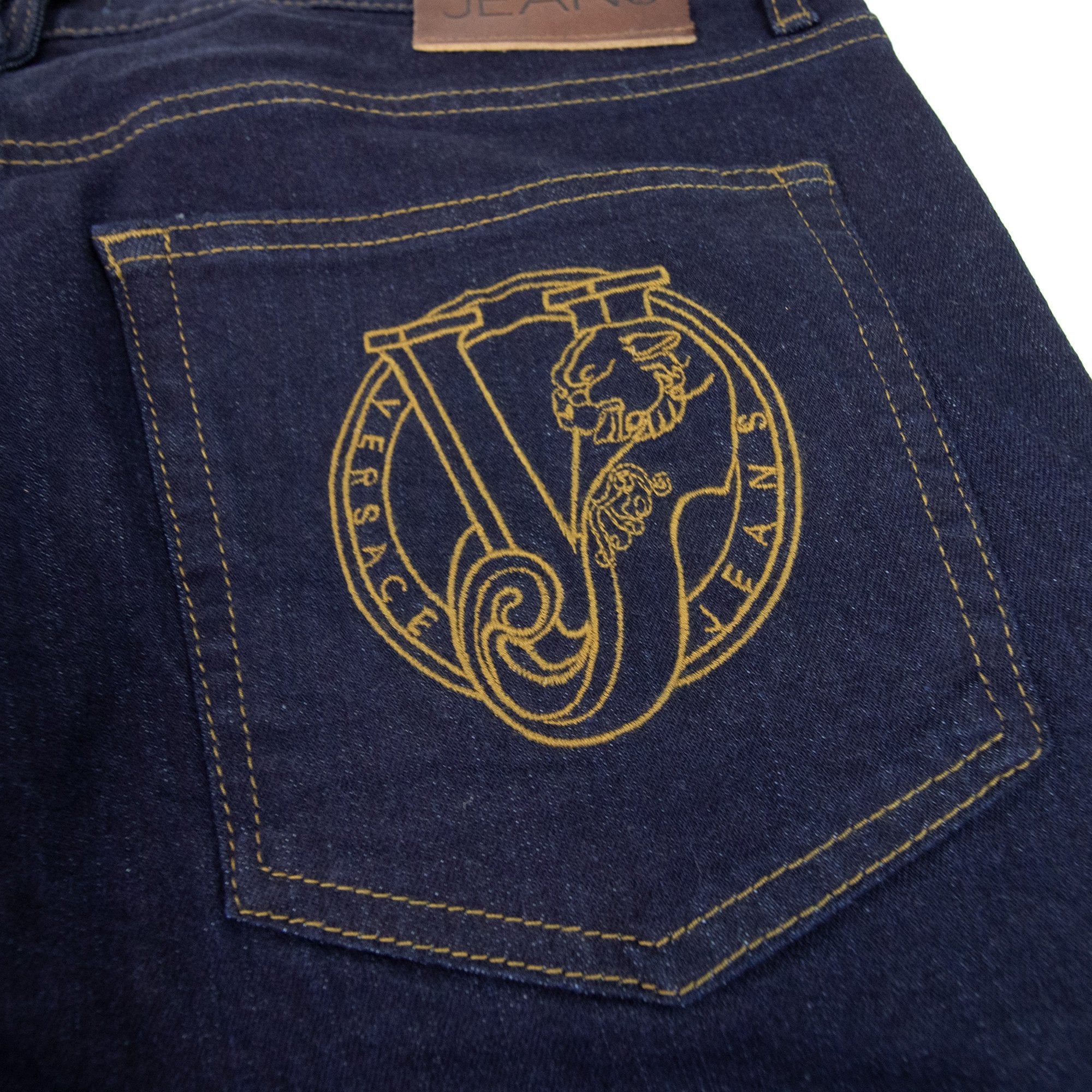 Versace Jeans Gold Embroidred Logo Denim Jeans Dark Denim
