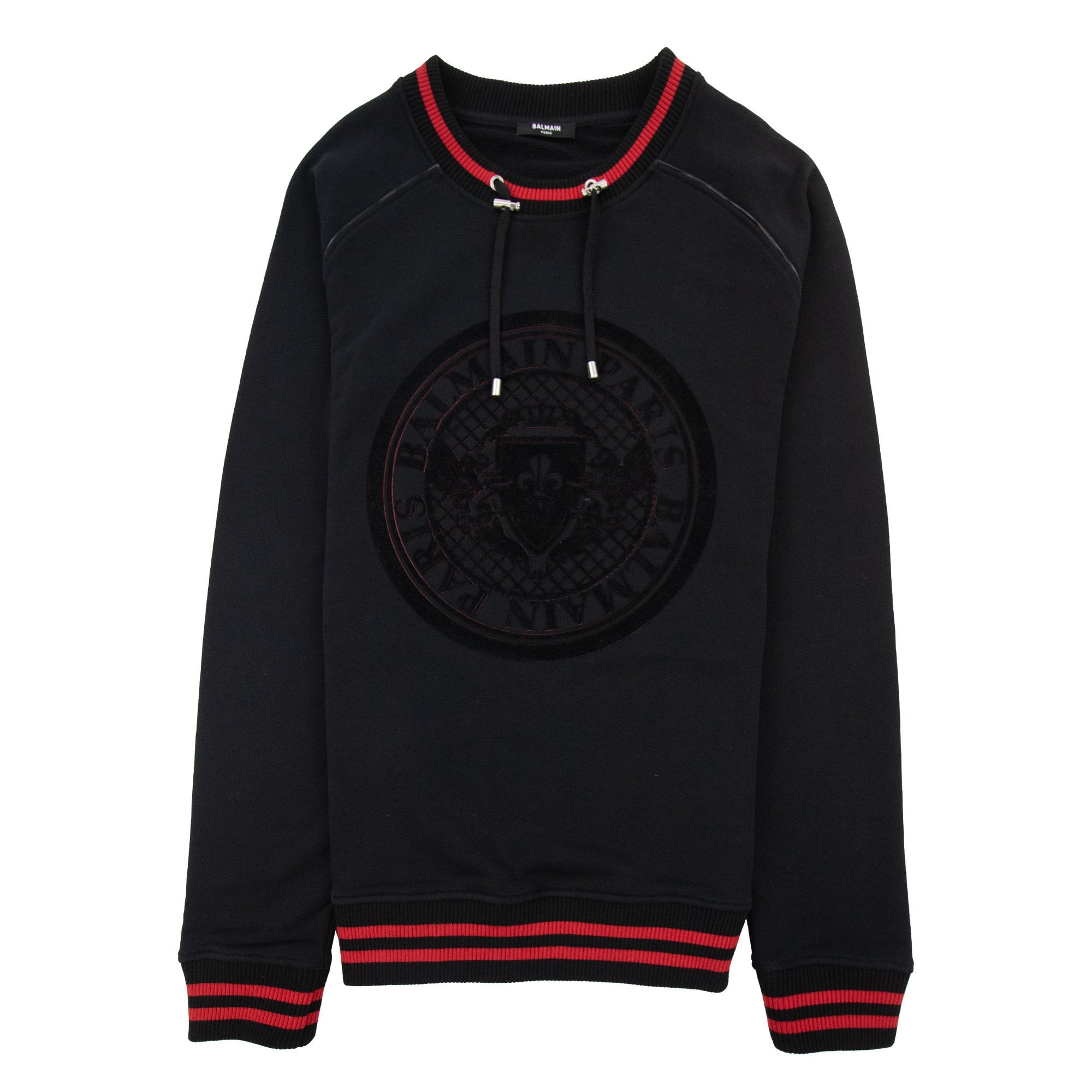 Balmain Drawstring Neck Embossed Logo Jumper Black & Red