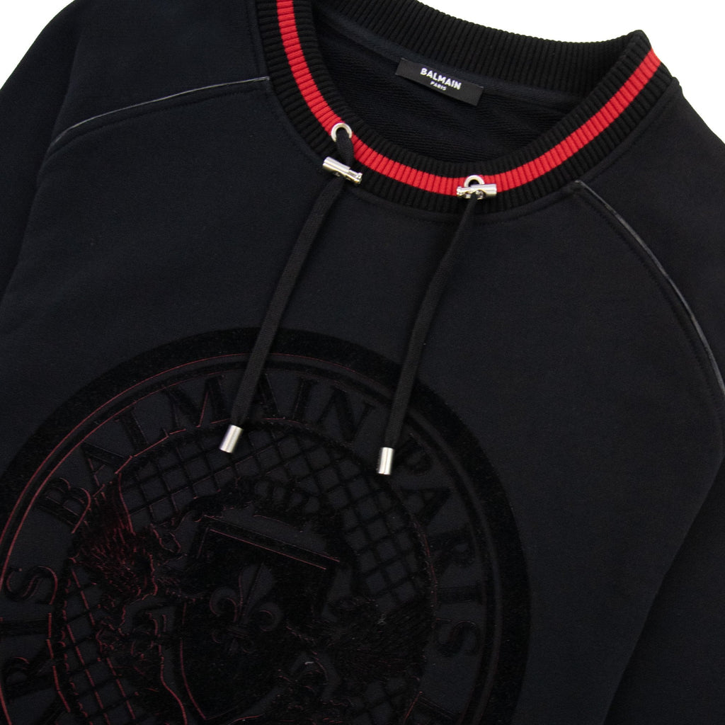 Balmain Drawstring Neck Embossed Logo Jumper Black & Red