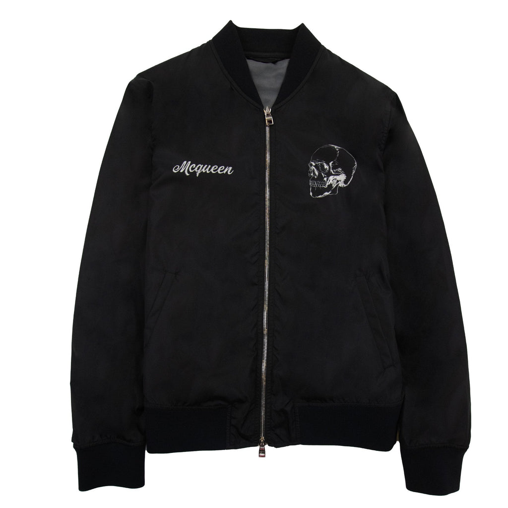 Alexander Mcqueen Skull Logo Printed Nylon Bomber Jacket Black