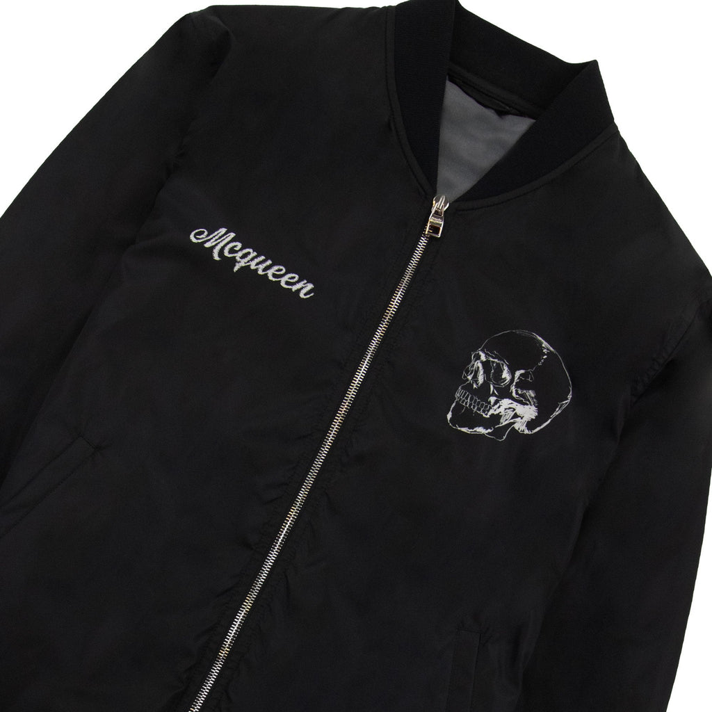 Alexander Mcqueen Skull Logo Printed Nylon Bomber Jacket Black