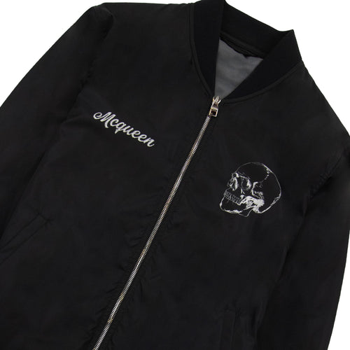 Alexander Mcqueen Skull Logo Printed Nylon Bomber Jacket Black