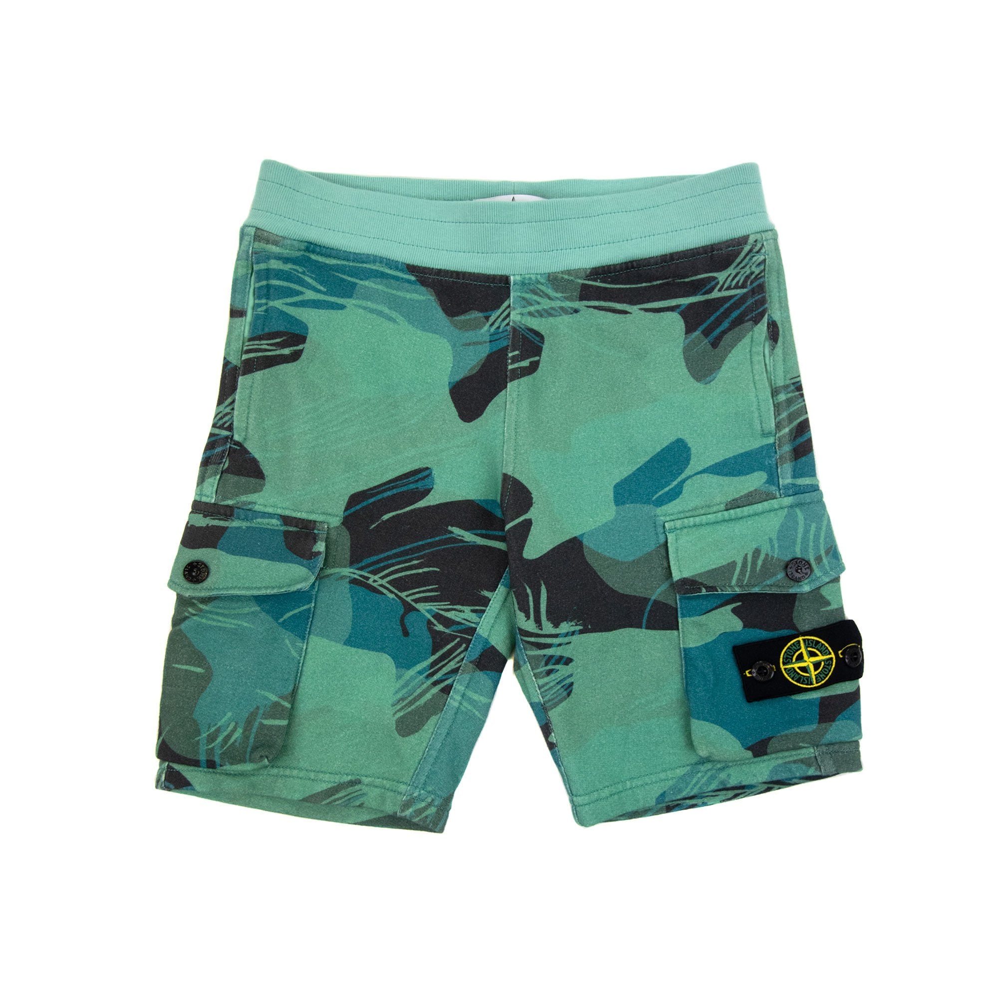 Stone Island Junior 62420 Jungle Camo Cargo Sweat Shorts Emerald Green V0056