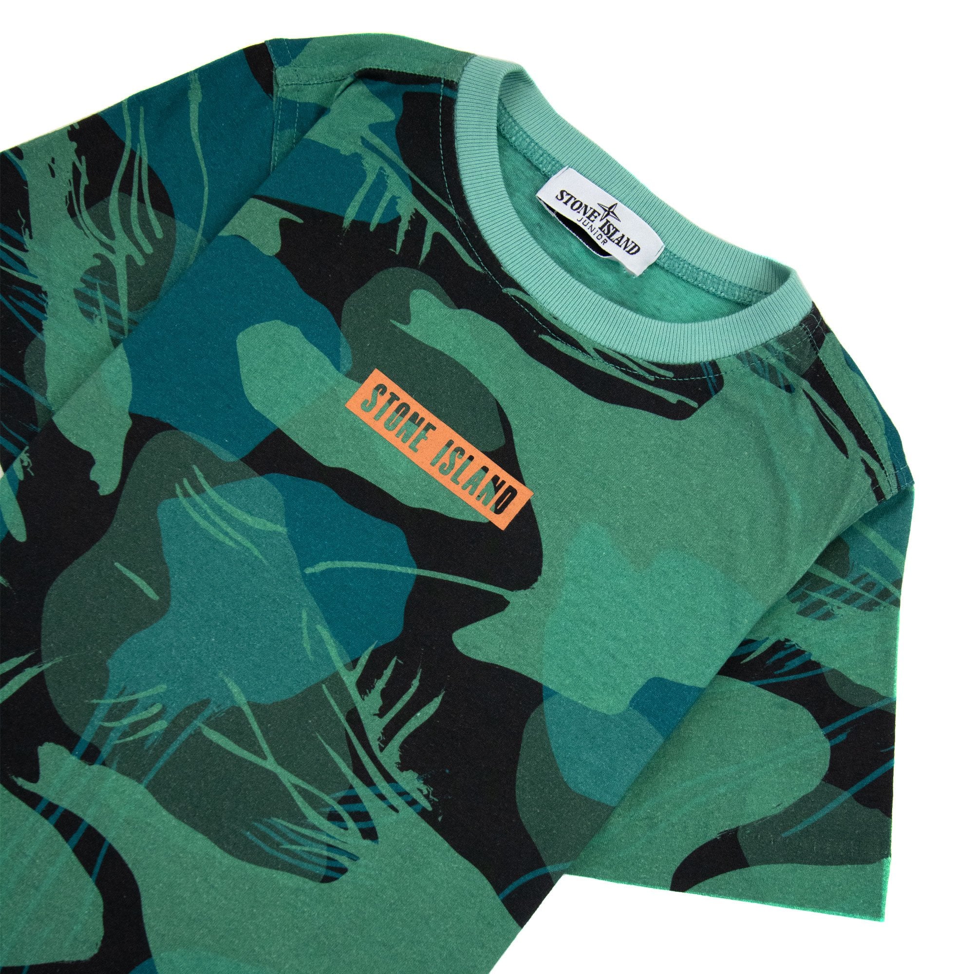 Stone Island Junior Jungle Camo Crewneck T Shirt Emerald Green V0056