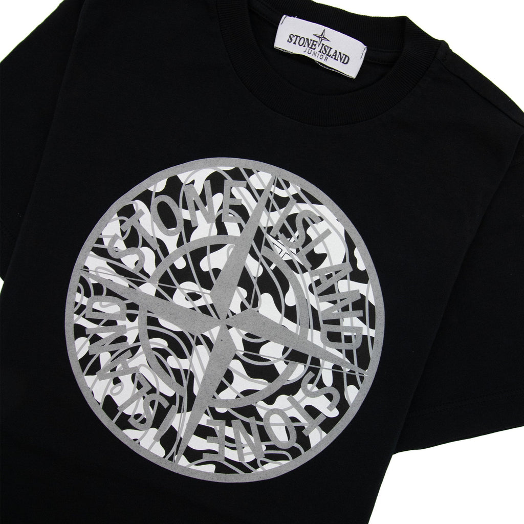 Stone Island Junior 21071 Camo Reflective Logo T Shirt Black V0029