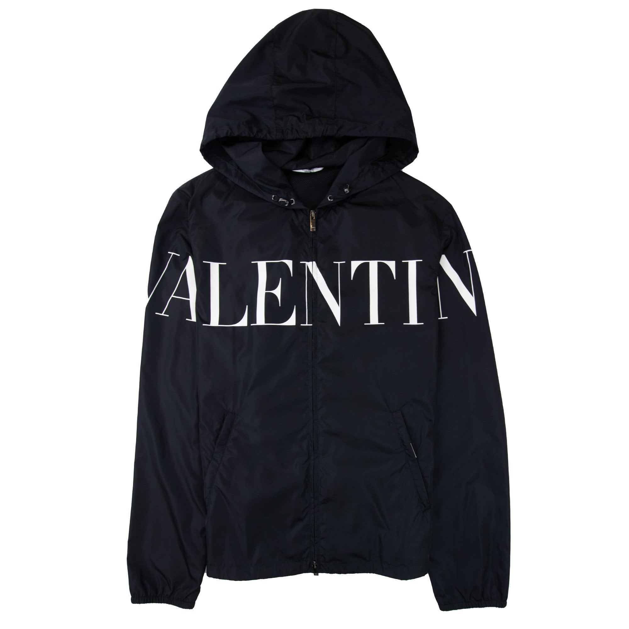 Valentino Logo Print Hooded Windbreaker Jacket Black