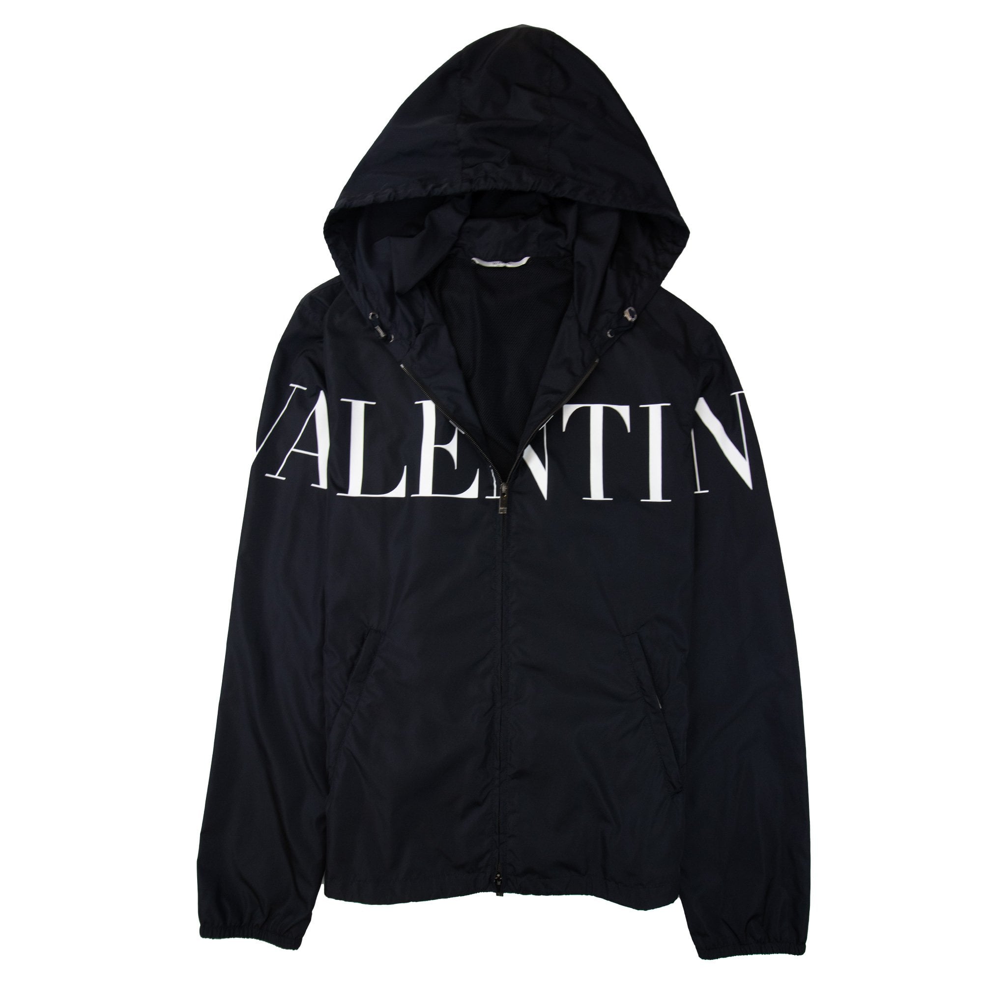 Valentino Logo Print Hooded Windbreaker Jacket Black