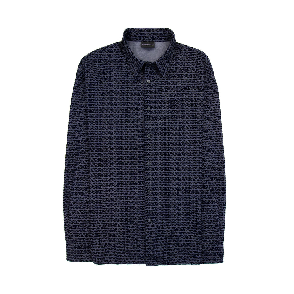 Emporio Armani All Over Flock Logo Lettering Comfortable Chambray Shirt Blue F916