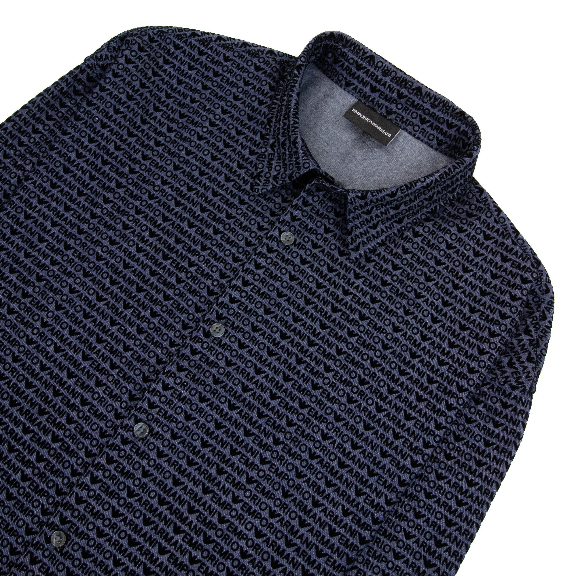 Emporio Armani All Over Flock Logo Lettering Comfortable Chambray Shirt Blue F916