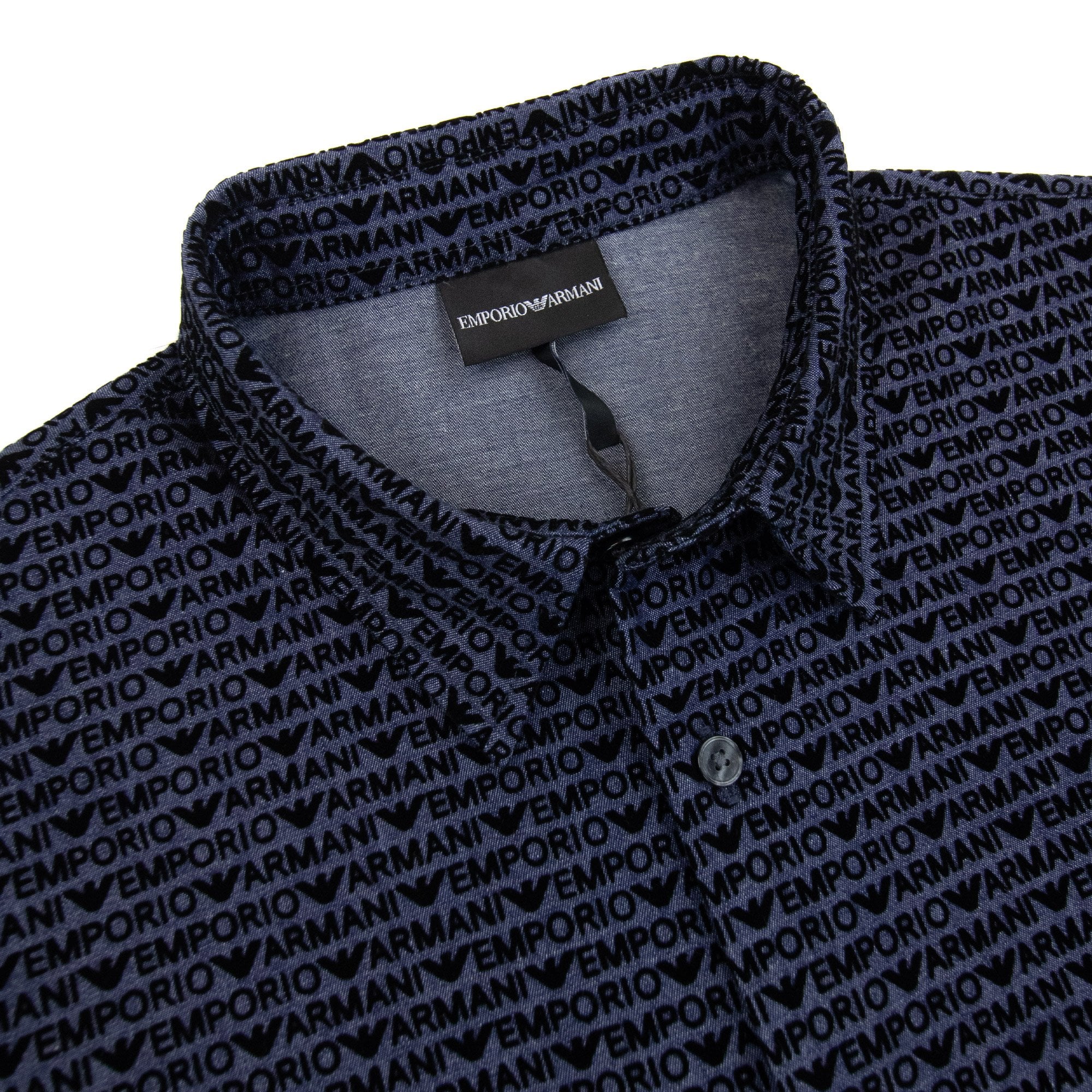 Emporio Armani All Over Flock Logo Lettering Comfortable Chambray Shirt Blue F916