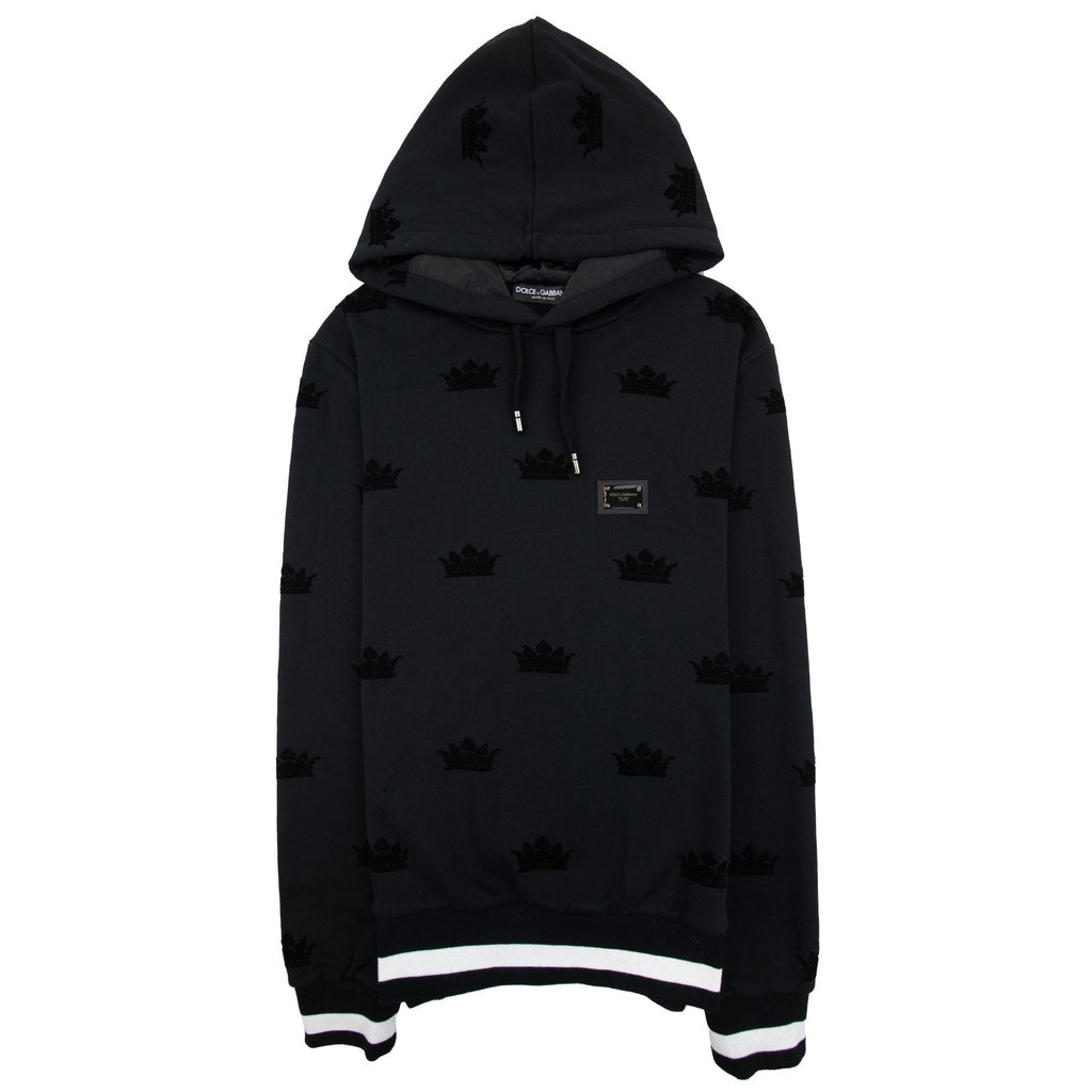 Dolce & Gabbana Embossed Velvet Crown Metal Badge Hoodied Sweatshirt Black N0000