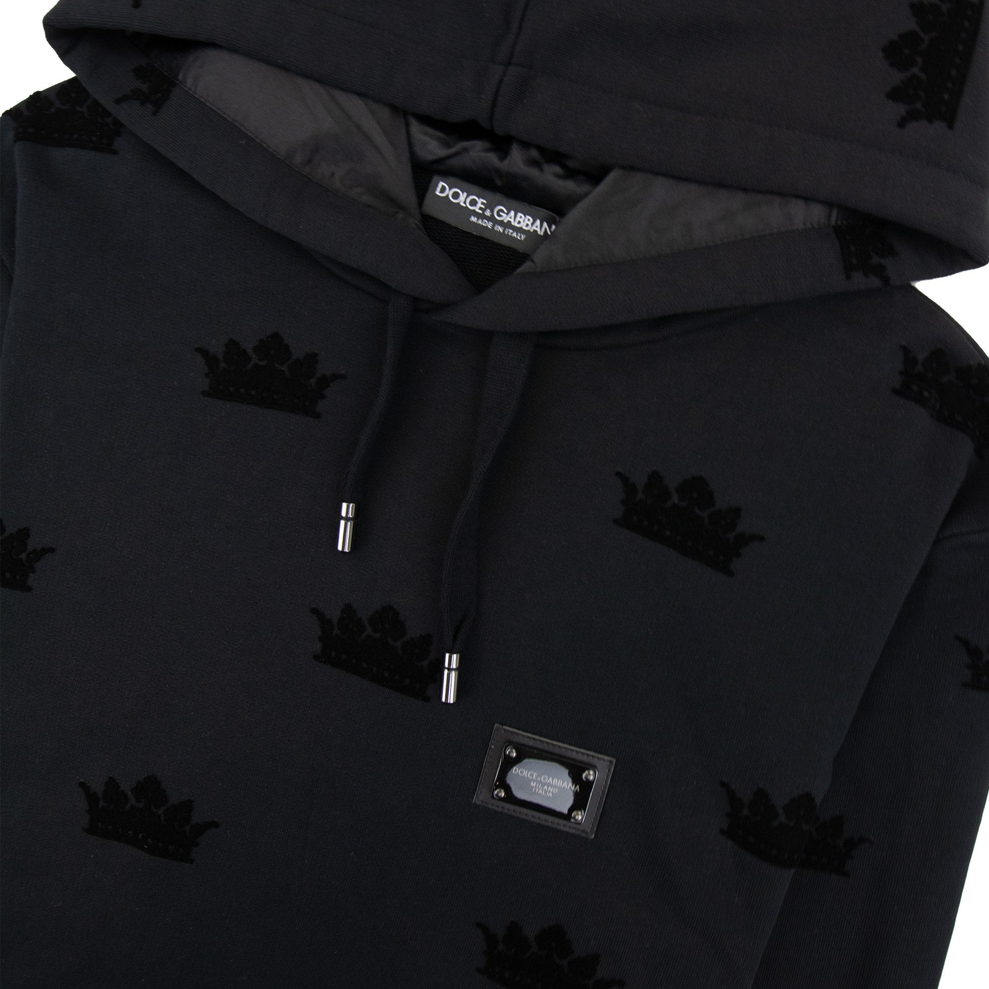 Dolce & Gabbana Embossed Velvet Crown Metal Badge Hoodied Sweatshirt Black N0000