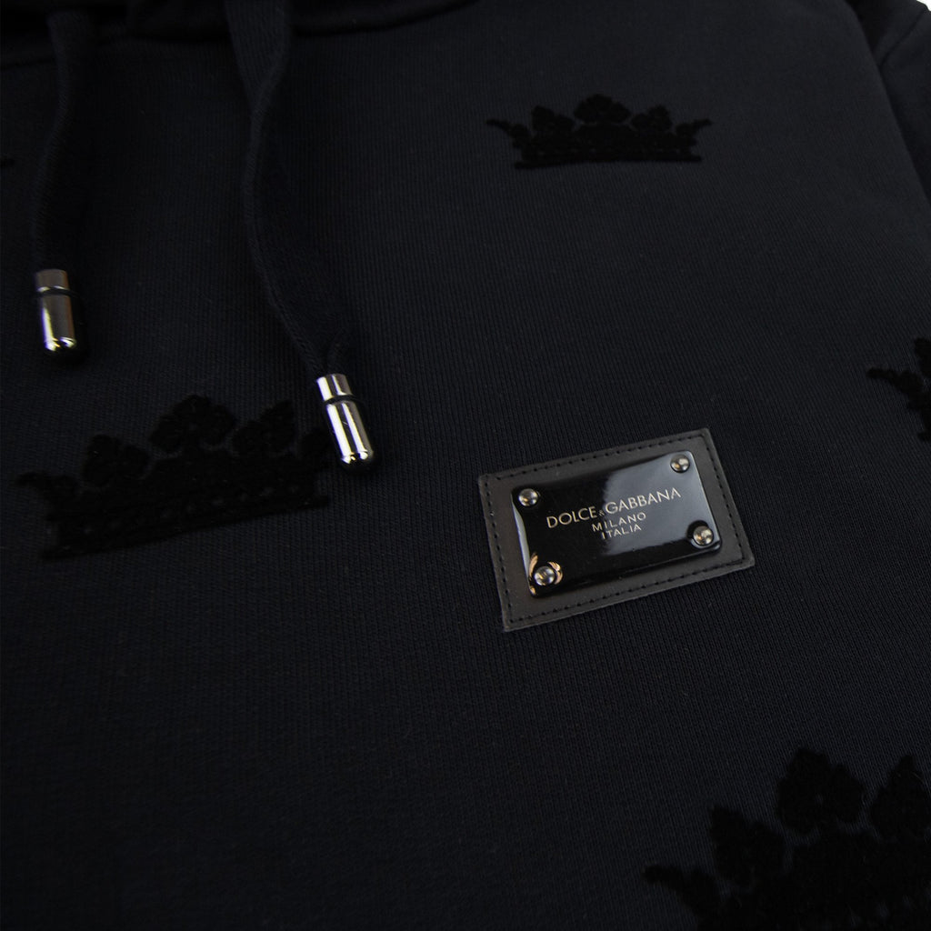 Dolce & Gabbana Embossed Velvet Crown Metal Badge Hoodied Sweatshirt Black N0000