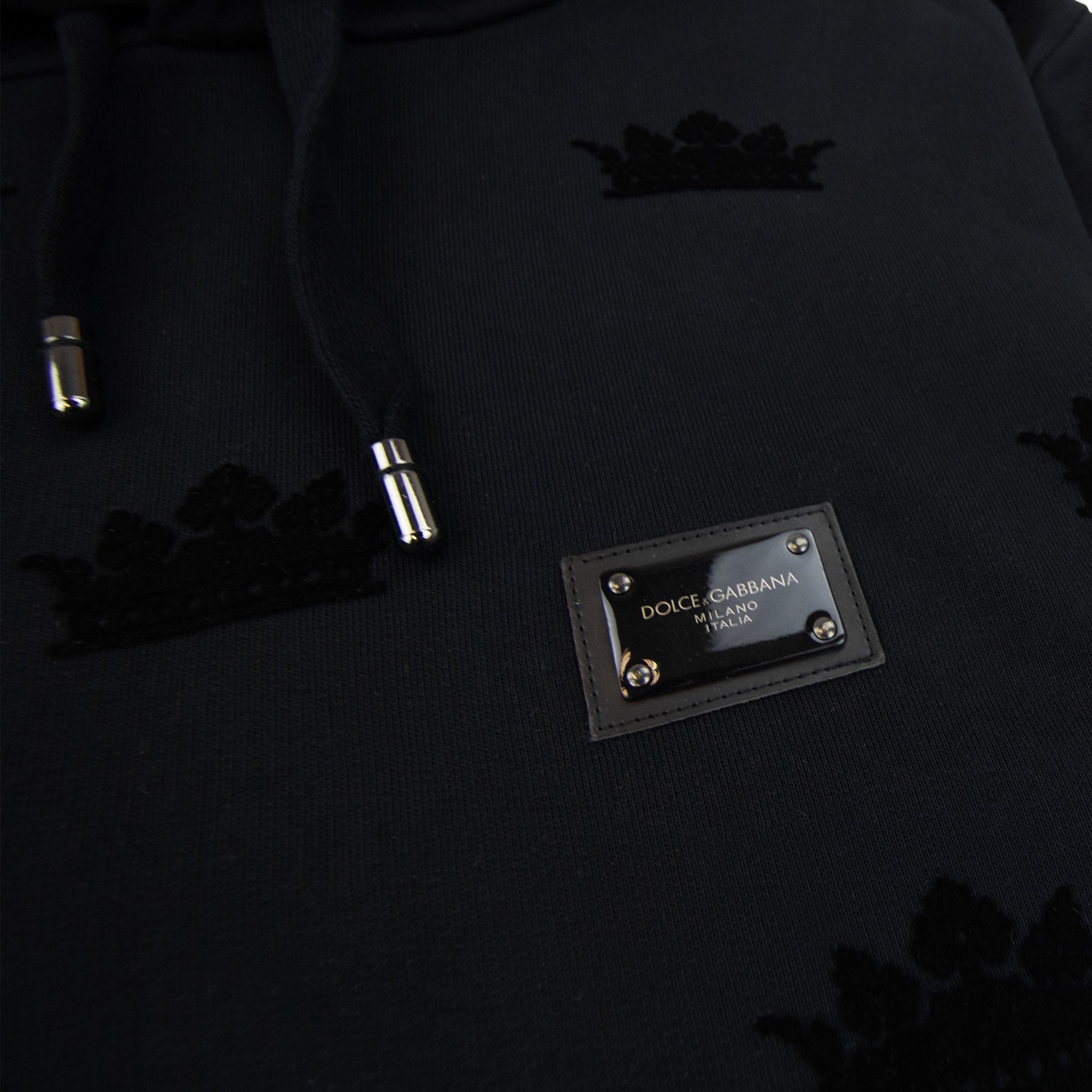 Dolce & Gabbana Embossed Velvet Crown Metal Badge Hoodied Sweatshirt Black N0000