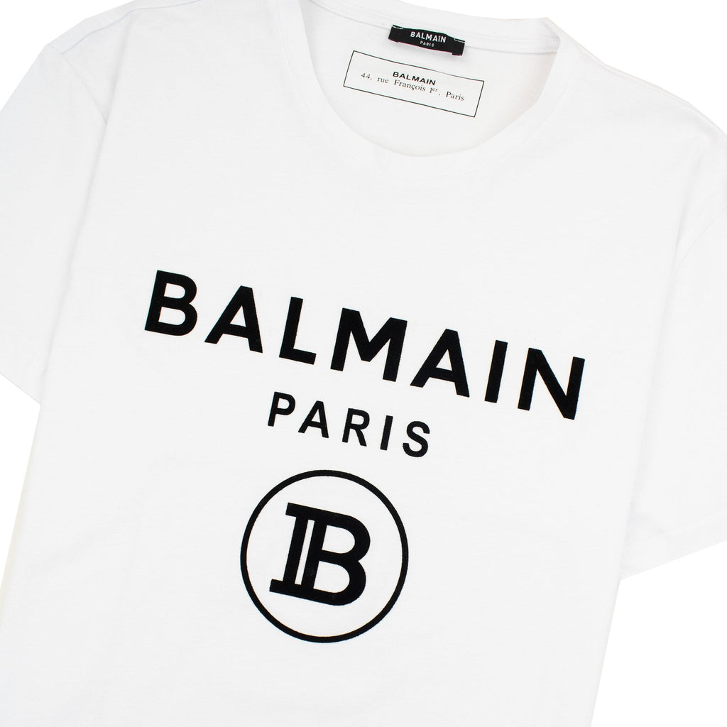 Balmain Printed White Velvet Logo T Shirt White