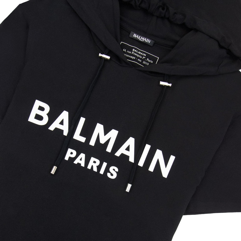 Balmain Paris Print Logo Hoodied T Shirt Black