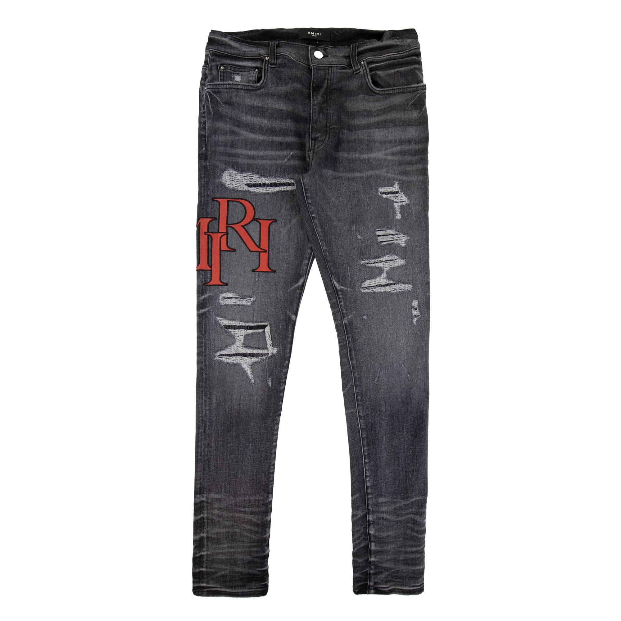 Amiri Staggered Embroidered Logo Jeans Rain Grey