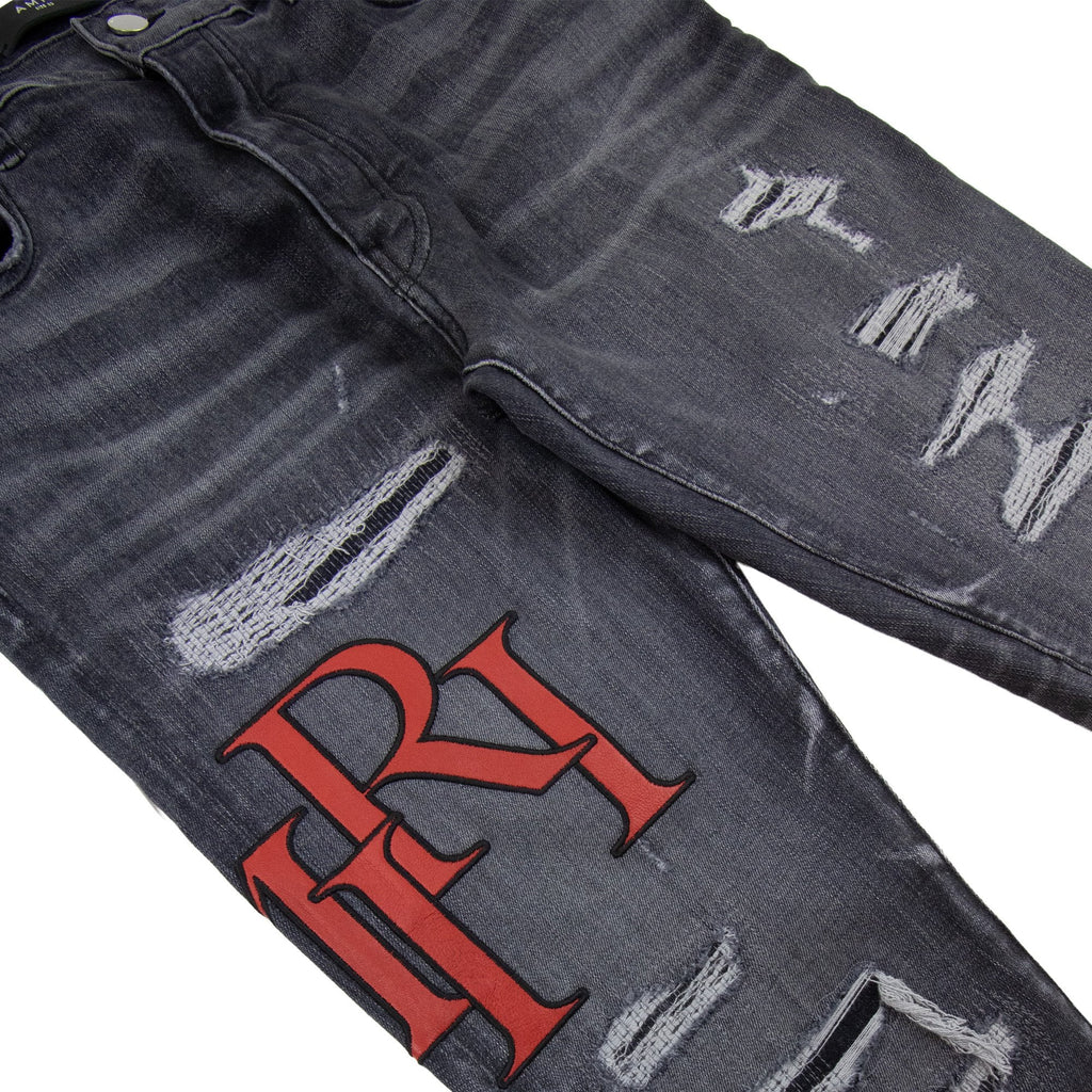 Amiri Staggered Embroidered Logo Jeans Rain Grey