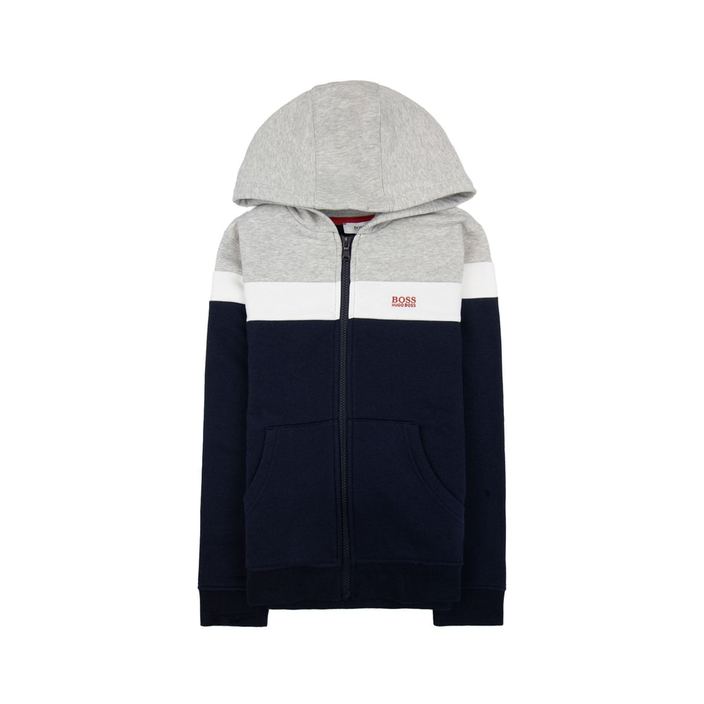 Hugo Boss Kids Logo Zip Up Hoodied Sweatshirt Grey White Navy