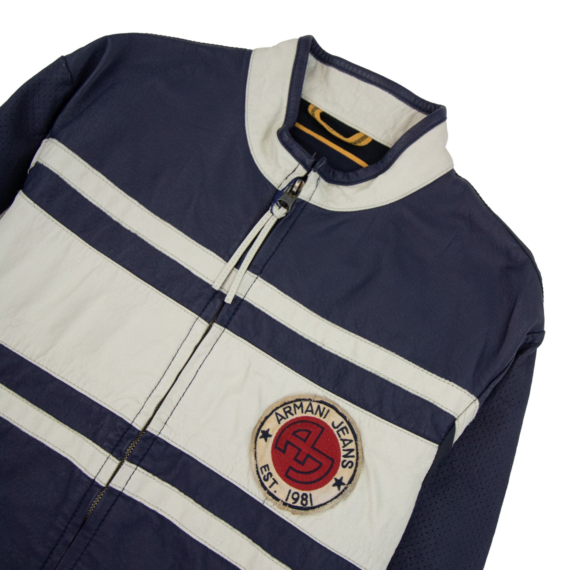 Armani Jeans Logo Badge Blouson Leather Jacket Blue Uragano