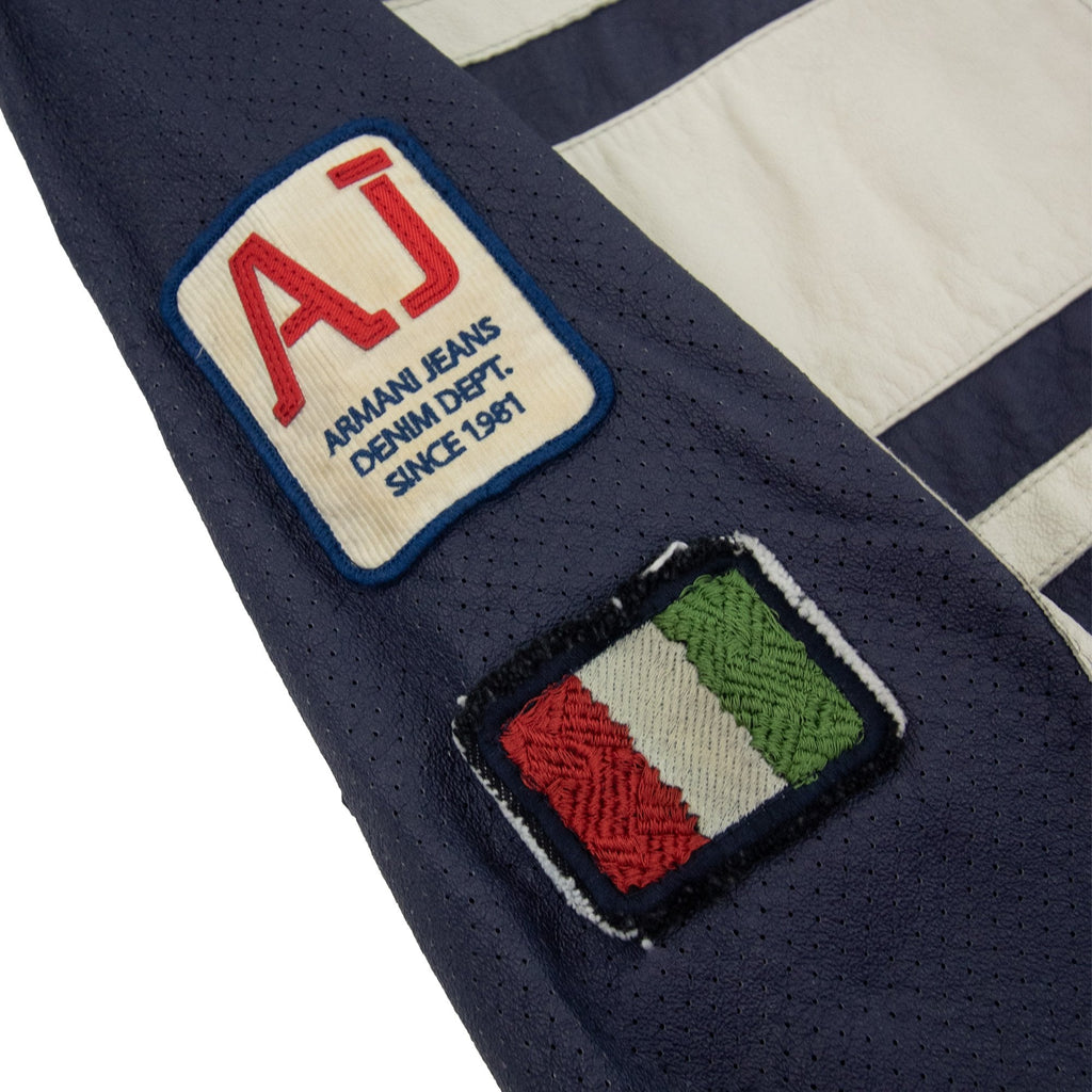 Armani Jeans Logo Badge Blouson Leather Jacket Blue Uragano