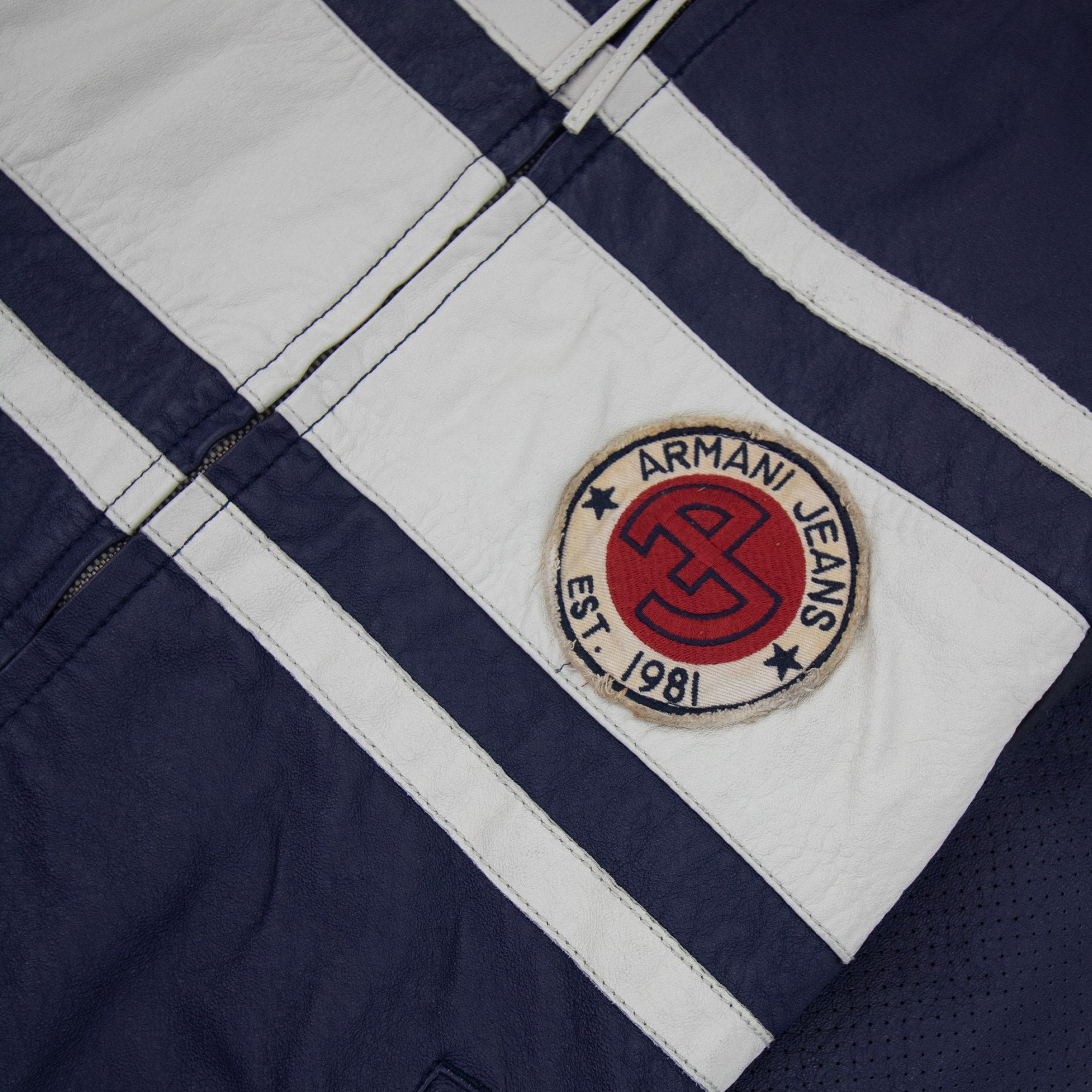 Armani Jeans Logo Badge Blouson Leather Jacket Blue Uragano