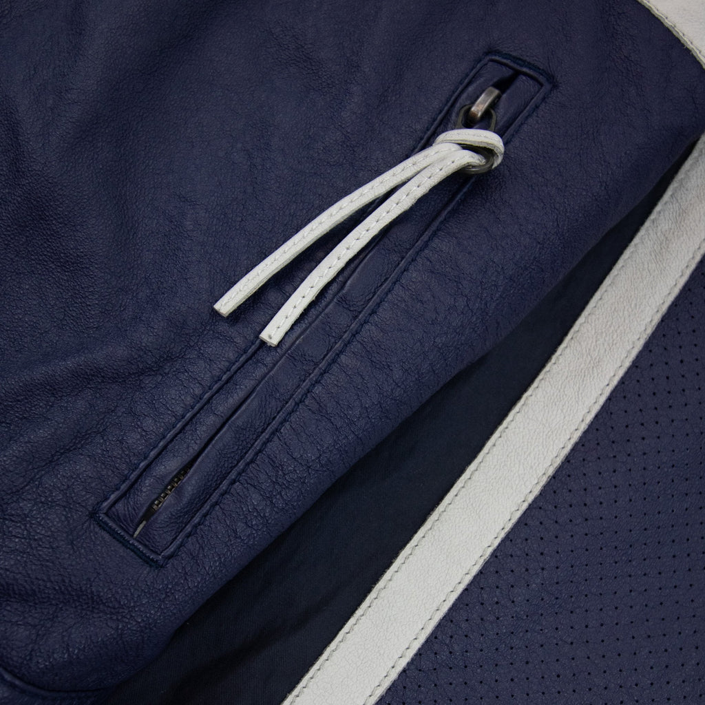 Armani Jeans Logo Badge Blouson Leather Jacket Blue Uragano