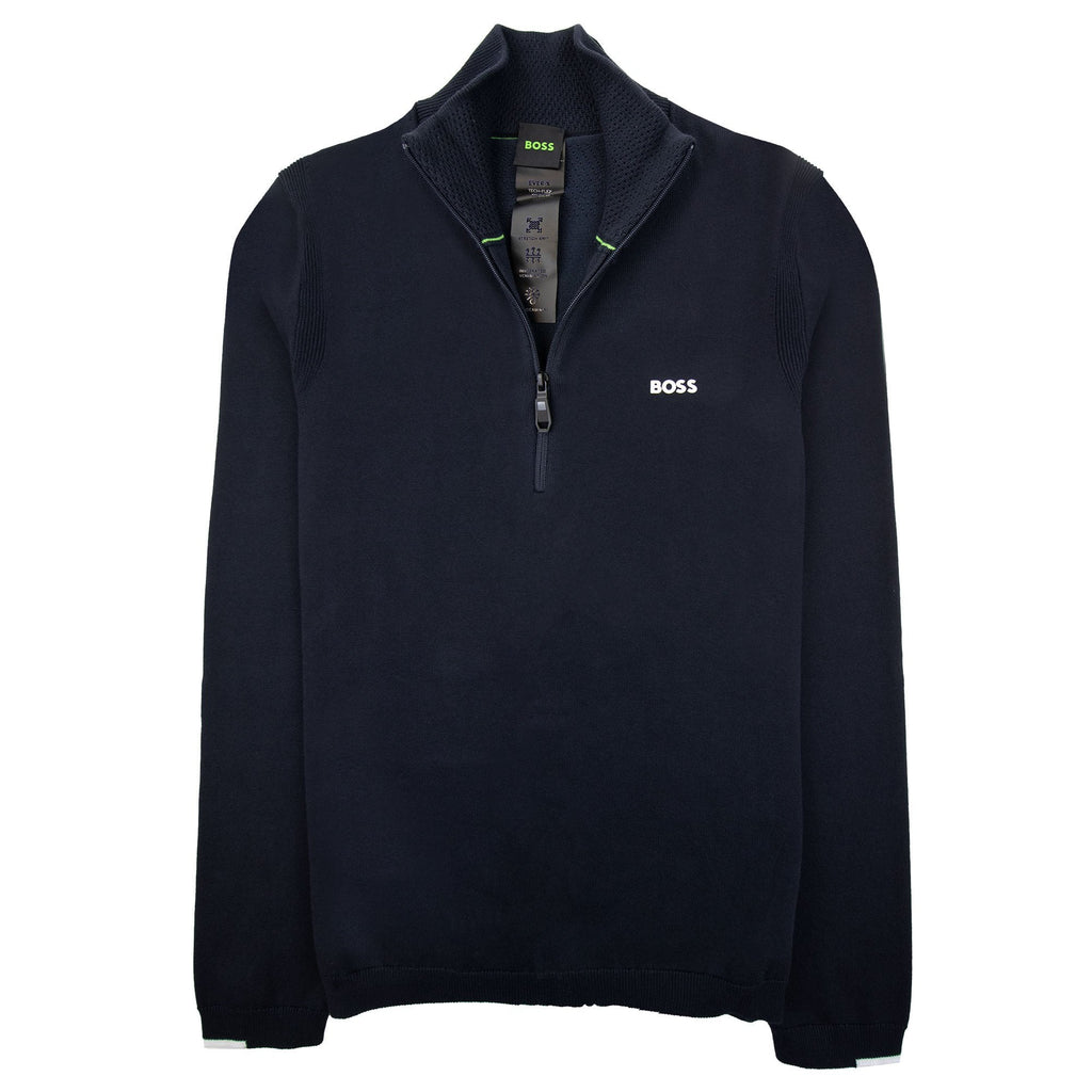 Hugo Boss Cotton-blend Zip-neck Sweater With Logo Print Navy 402