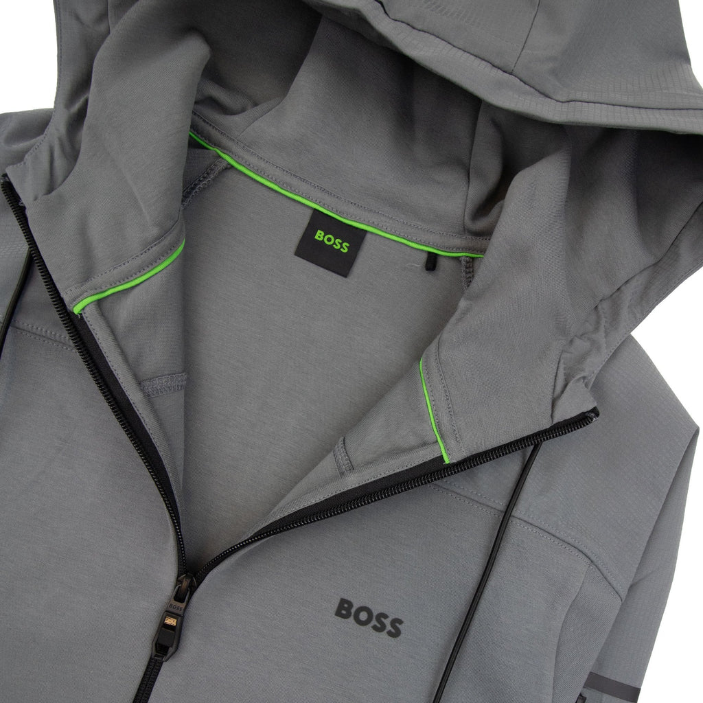Hugo Boss Sariq Cotton-blend Zip-up Hoodie With Decorative Reflective Logo Dark Grey