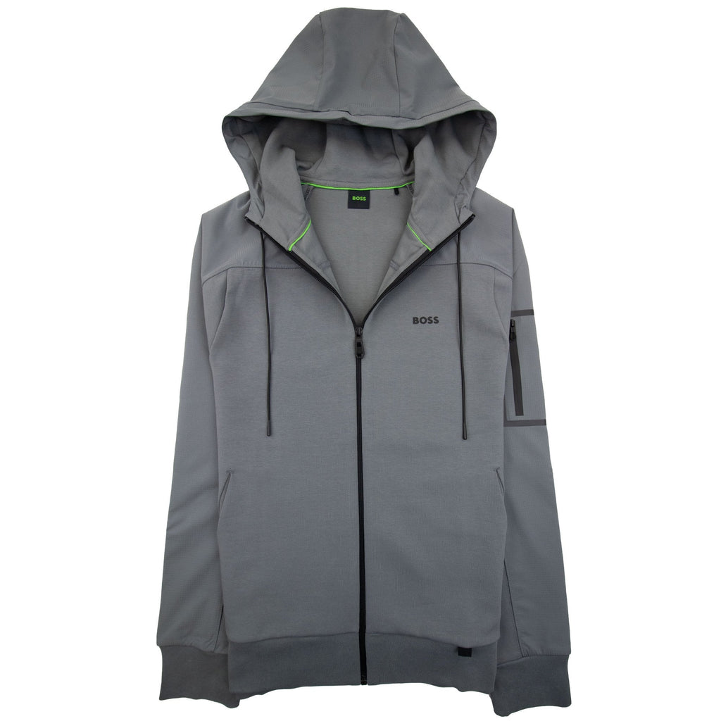 Hugo Boss Sariq Cotton-blend Zip-up Hoodie With Decorative Reflective Logo Dark Grey