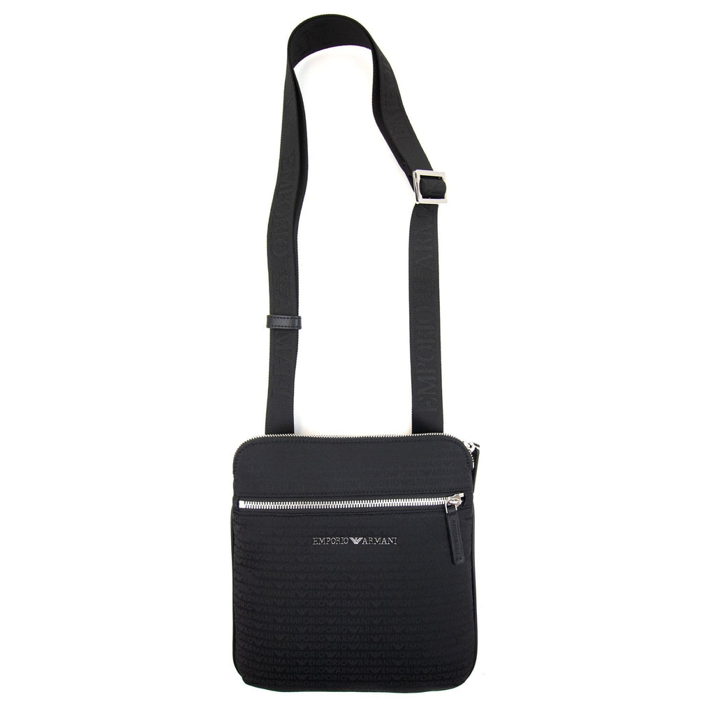 Emporio Armani Flat Shoulder Bag In Nylon With All-over Jacquard Logo Lettering Black/black