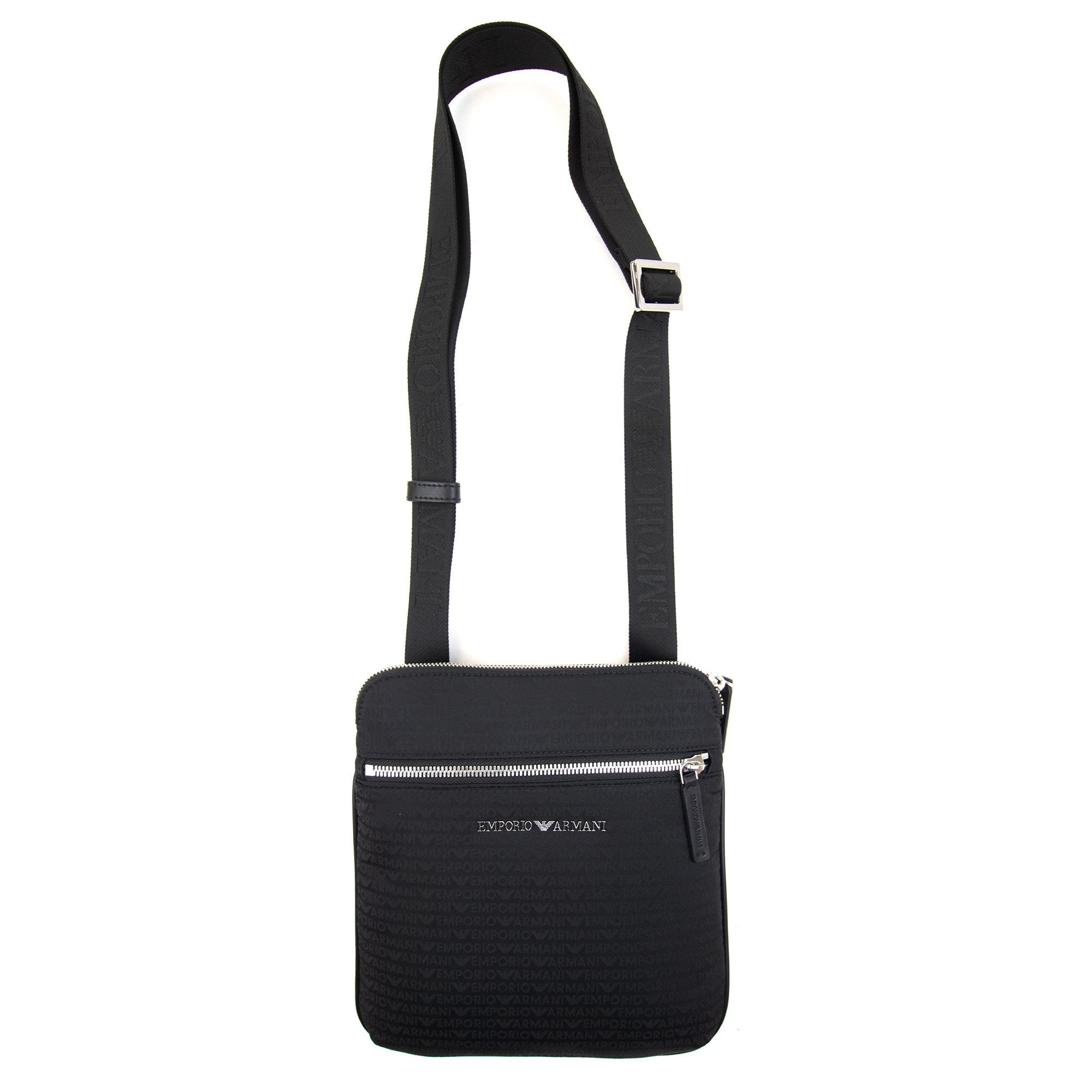Emporio Armani Flat Shoulder Bag In Nylon With All-over Jacquard Logo Lettering Black/black
