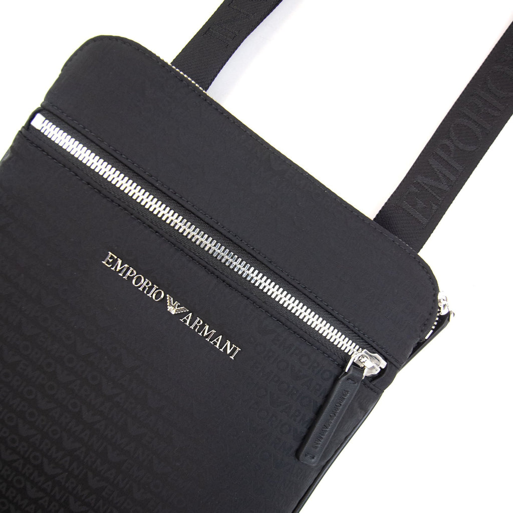 Emporio Armani Flat Shoulder Bag In Nylon With All-over Jacquard Logo Lettering Black/black
